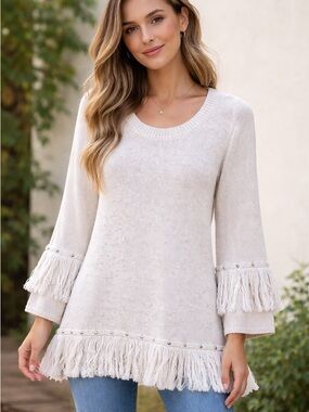 Reba Cream Fringe Hem & Cuff Crewneck Sweater